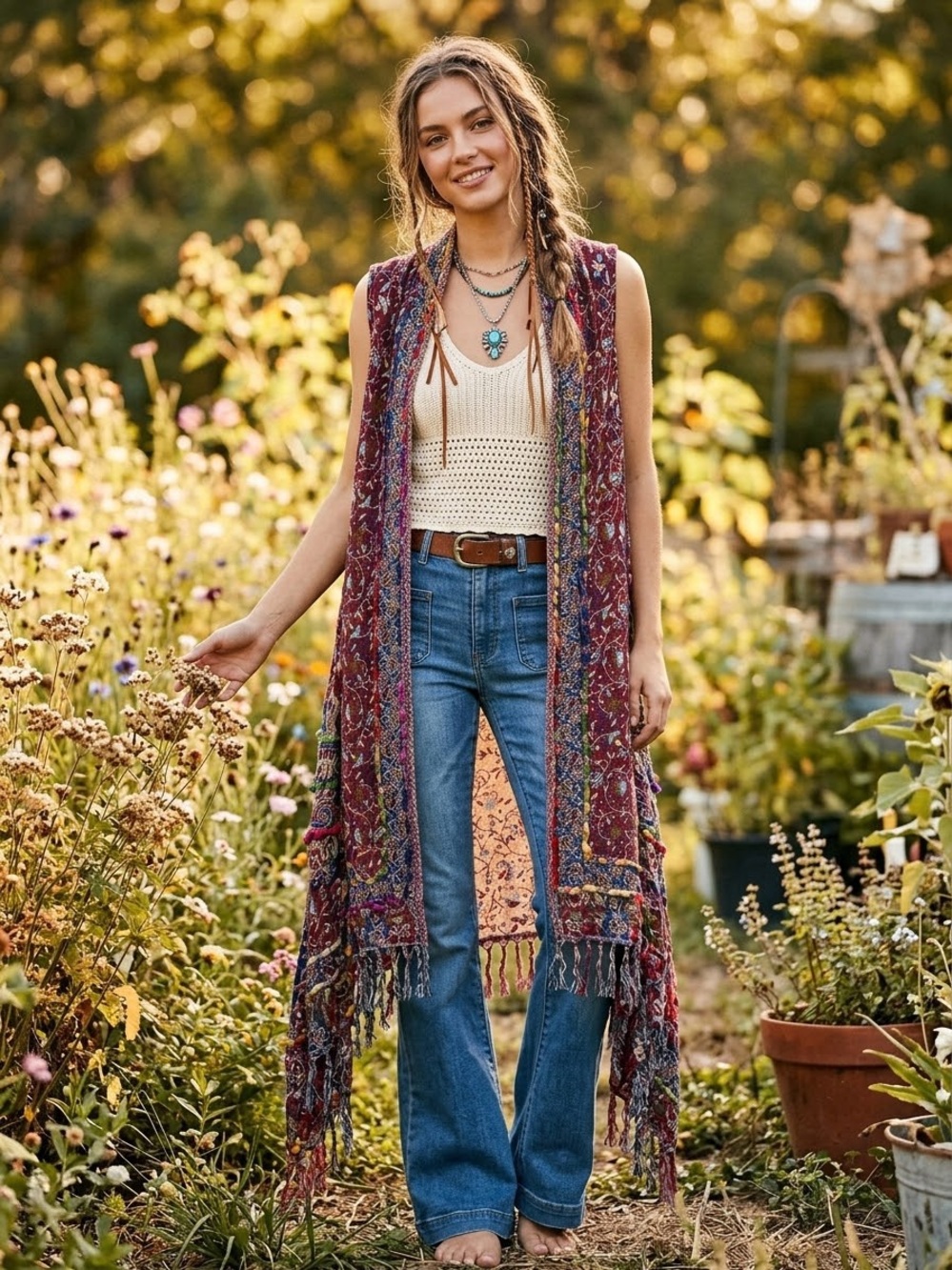 Raj Burgundy Floral Fringe Maxi Cardigan with Multicolor Accents
